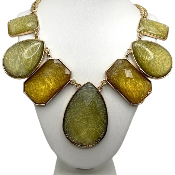 New York & Company Jewelry - Green + Brown Faceted Faux Gemstone Statement Necklace Gold-Tone Chain